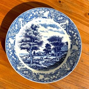 Giant 14 1/2" Blue and White Vintage Bowl Centerpiece Japan Pastoral Scene